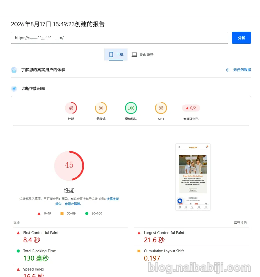 优化前 PageSpeed Insights 移动端 45 分、电脑端 56 分截图